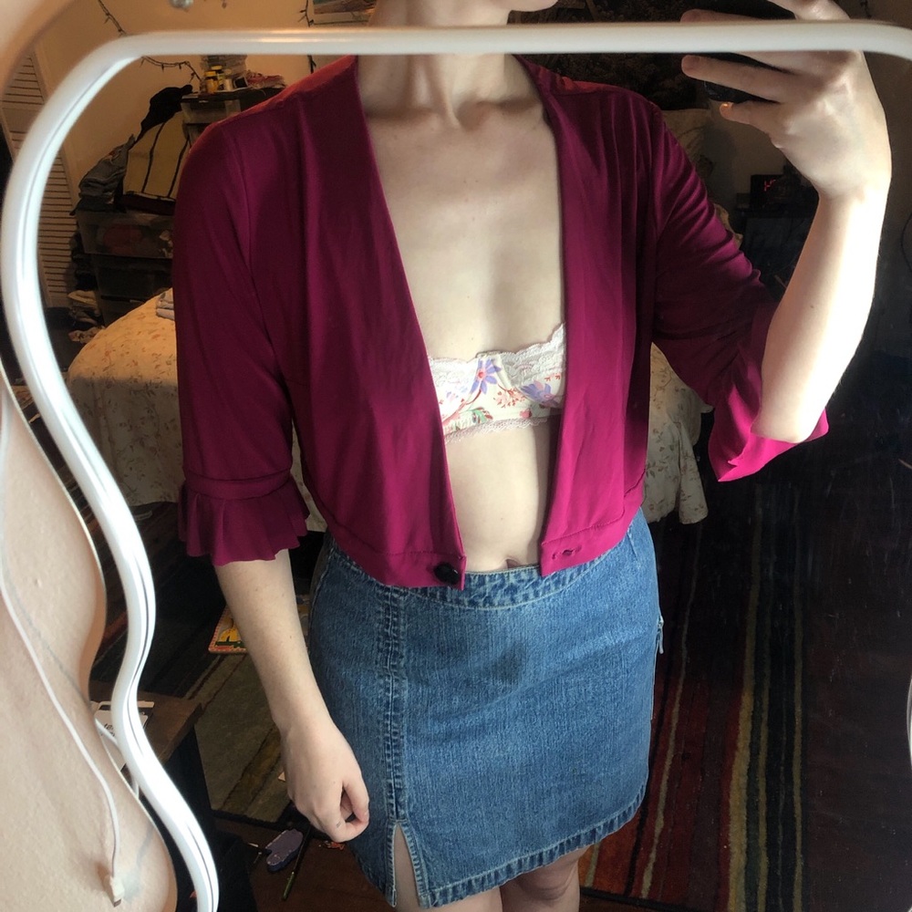 Burgundy Perceptions shrug flare bell sleeve blazer